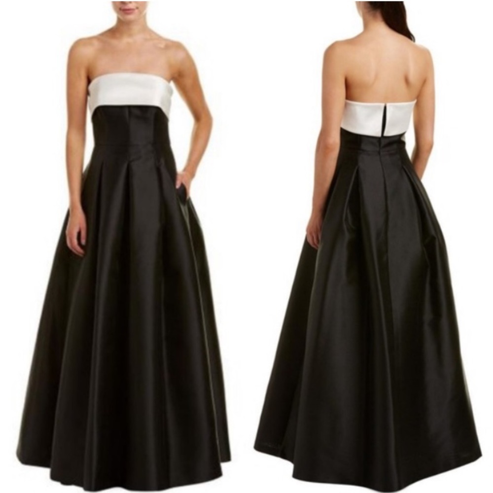 Eliza J black and white satin structured strapless gown prom dress